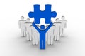 Leader holding blue jigsaw piece next to line of human figures Royalty Free Stock Photo