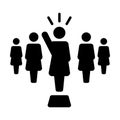 Leader Icon vector female public speaker person symbol for leadership with raised hand in glyph pictogram