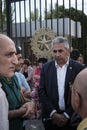 Opposition politician gives an interview at the walls of Parliament