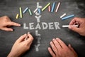 Leader and Loyalty Concept Written with Chalk on Blackboard by People Royalty Free Stock Photo