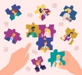 Leader organizes professional team flat vector illustration, cartoon human hands collecting puzzle with employees