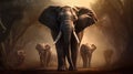 The leader of the pack: a large elephant in the spotlight, proudly standing on high paws
