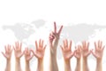 Leader`s two fingers V victory sign among blur hands crowd group for World participation, leadership, volunteer concept
