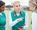 Leader, sports women or team planning tactics or strategy in a hockey training game, conversation or match. Tablet