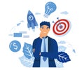 leader success working multitasking. confident businessman. overhead character rocket startup target light bulb as idea and