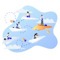 Leadership, career and success business concept. Businessmen people flying on paper airplanes. Vector flat illustration