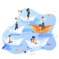Leadership, career, success business concept. Businessmen people sailing by paper boats. Vector flat illustration Royalty Free Stock Photo
