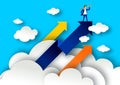 Leadership concept with arrows on white clouds. Businessman with spyglass on a top illustration in paper art style