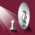 Leadership concept, light shining to chess-pawn, pawn looking in the mirror and seeing a black-chess-businesswoman, vector illustr