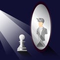 Leadership concept, light shining to chess-pawn, pawn looking in the mirror and seeing a black-chess-businessman, vector Royalty Free Stock Photo