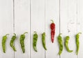 Leadership concept - red hot chili pepper leading the group of green ones Royalty Free Stock Photo