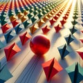 Leadership concept. Red leader ball among colorful paper planes. 3d render Royalty Free Stock Photo