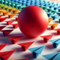 Leadership concept. Red leader ball among colorful paper planes. 3d render Royalty Free Stock Photo