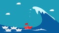 Leadership concept. The red paper boat defies the stormy waves. vector