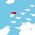 Leadership concept. Red paper leader airplane flying on blue sky and white cloud. Royalty Free Stock Photo