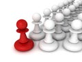 Leadership concept red pawn forward white pawns team group