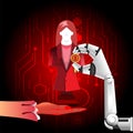 Leadership concept, a robot give a medal to a red-chess-businesswoman, number one, vector illustrator Royalty Free Stock Photo