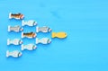 Leadership concept with swimming fish on wooden background. One leader leads others.