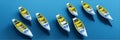 Leadership concept, yellow leader boat leading white boats, on blue background. Ai Generated