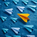 Leadership concept yellow paper airplane leading a fleet