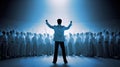 leadership conceptual image, a true born leader standing in front of the cheering crowd, white and blue. generative ai