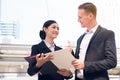 Leadership encourage the team. Boss / manager praise female employee / staff she done excellent job Royalty Free Stock Photo
