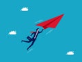 Leadership freedom. Businessman flying with a paper plane. business and investment concept