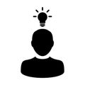 Leadership icon vector male person profile avatar symbol with bulb for creative idea for business development in Glyph Pictogram Royalty Free Stock Photo