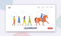 Leadership Landing Page Template. Businessman Riding Horse Leading Group of Colleagues. Successful Leader Character