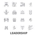 Leadership, leader, management, teamwork, lead, development, success, innovation line icons. Editable strokes. Flat