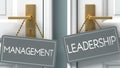 Leadership or management as a choice in life - pictured as words management, leadership on doors to show that management and