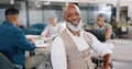 Leadership, meeting and portrait of mature black man in office with corporate business people. Strategy, planning and Royalty Free Stock Photo