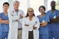 Leadership portrait, serious and doctors with arms crossed standing together in hospital. Face, teamwork and confident Royalty Free Stock Photo