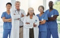 Leadership portrait, smile and doctors with arms crossed standing together in hospital. Face, teamwork and confident Royalty Free Stock Photo