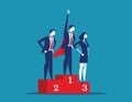 Leadership superhero standing on the winning podium. Concept business success vector illustration