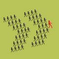 Leadership and teamwork concept. The crowd of workers follow the
