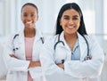 Leadership, teamwork and women doctors in partnership at hospital, proud, happy and excited for medical innovation Royalty Free Stock Photo