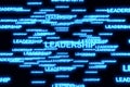 LEADERSHIP text inside rotating clouds of neon holographic words. High tech neon 3D illustration