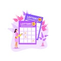 Leading girl notes numbers lottery, lotto, raffle, keno. Modern illustration flat style. A woman with a pencil writes on