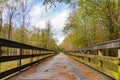 Leading lines of a wooden bridge leading over a creek and surrounded by trees under a cloudy blue sky on the Neuse River Greenway
