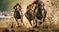 Leading the pack. A jockey and his Thoroughbred thunder down the track in front of the pack.Room for text or copy space