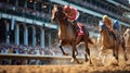 Leading the pack. A jockey and his Thoroughbred thunder down the track in front of the pack.Room for text or copy space