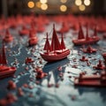 Leading the pack Red boat guides paper fleet on world map, signifying teamwork