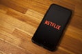 Leading platform in the movie streaming segment, netflix with the application open on a cell phone.