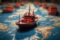 Leading the way Red boat guides paper fleet on world map, symbolizing teamwork