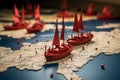 Leading the way Red boat guides paper fleet on world map, symbolizing teamwork