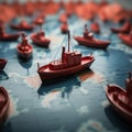 Leading the way Red boat guides paper fleet on world map, symbolizing teamwork