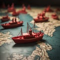 Leading the way Red boat guides paper fleet on world map, symbolizing teamwork