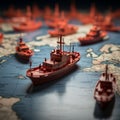 Leading the way Red boat guides paper fleet on world map, symbolizing teamwork