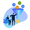 Leads generation. Sales funnel. balls entering into a conversion funnel and then output as money, conceptual Business or